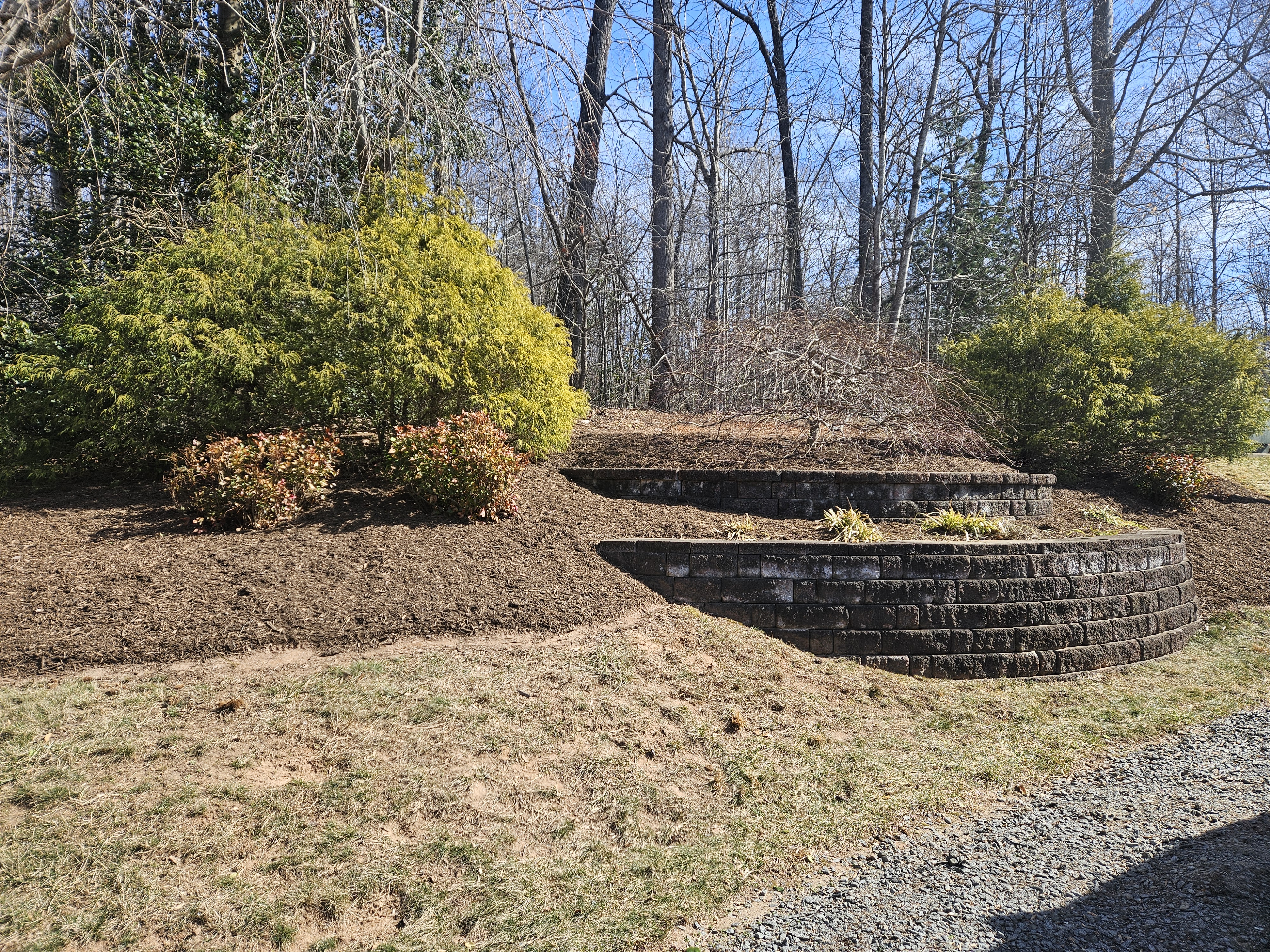 Beautifully designed flower bed with mulch and stone border